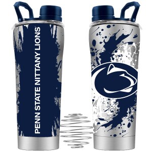 shaker bottle with paint splatter Penn State Nittany Lions one side, Athletic Logo on other, shaker ball